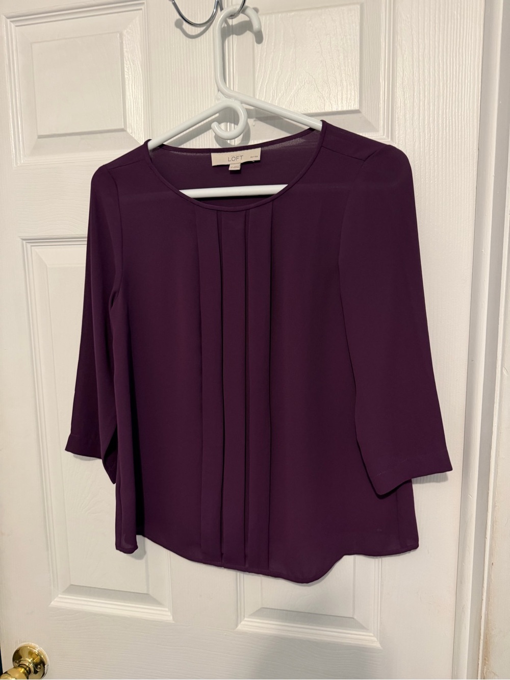 LOFT Petite SP Plum Purple Pleated Front 3/4 Sleeve Blouse